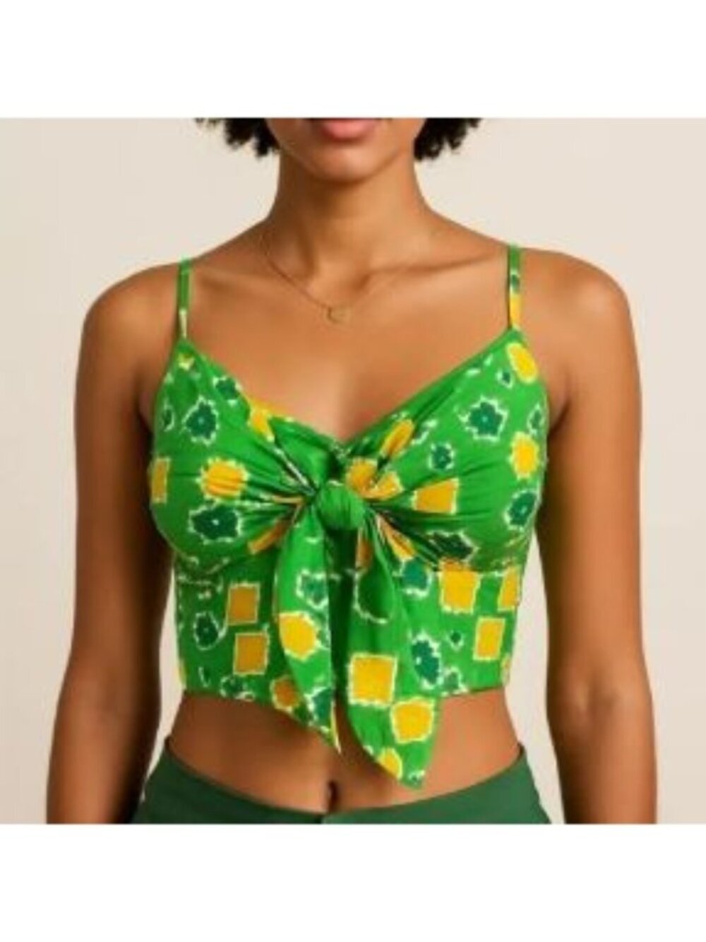 Aerie Green Multicolor Cropped Front Tie Tank